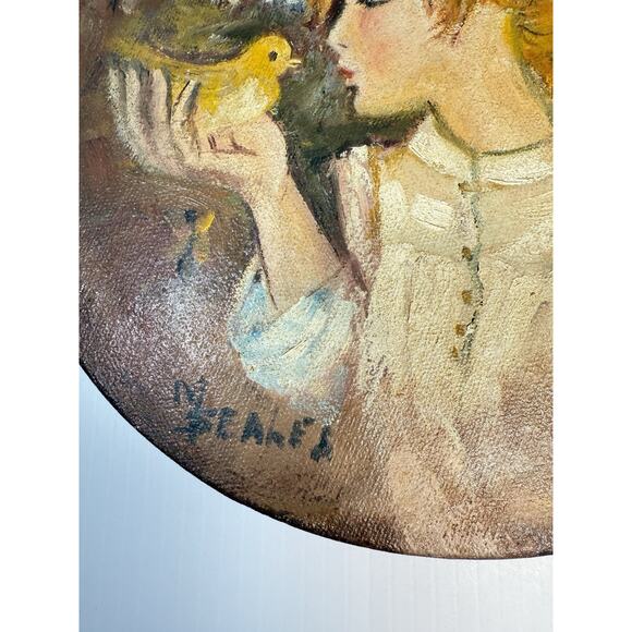 Original Art Painting Girl Flower Hat W/Bird Signed M Seales Round 10" Canvas - Picture 4 of 5